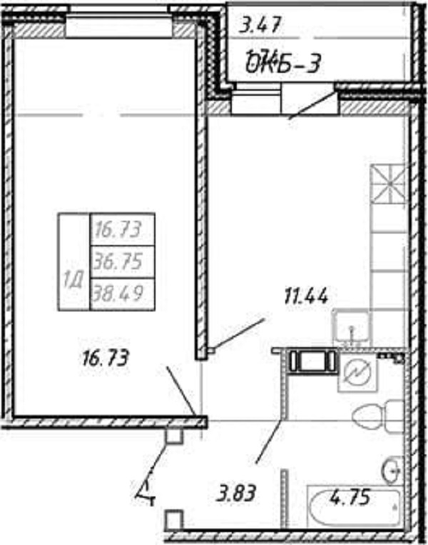 1-к квартира, 38 м2, 1012 эт.